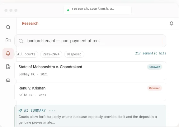 CourtMesh research interface: a semantic search over case law with court and year filters, matched judgments, and an AI summary with citations